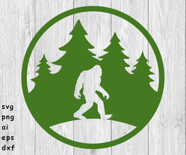 Bigfoot Walking in Trees Circle - SVG, PNG, AI, EPS, DXF Files for Cut Projects