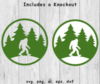 Bigfoot Walking in Trees Circle - SVG, PNG, AI, EPS, DXF Files for Cut Projects