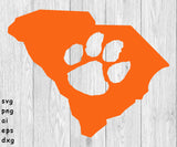 South Carolina Tiger Paw - svg, png, ai, eps and dxf files for; Auto Decals, Vinyl Decals, Printing, T-shirts, CNC, Cricut and other cut files